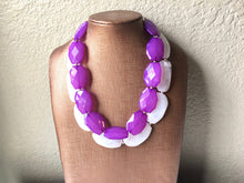 Load image into Gallery viewer, Purple &amp; White Necklace, multi strand jewelry, big beaded chunky statement necklace, purple necklace, bridesmaid necklace, bib necklace