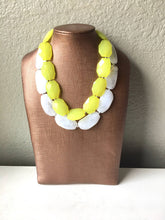 Load image into Gallery viewer, Yellow &amp; White Necklace, multi strand jewelry, big beaded chunky statement necklace, yellow necklace, bridesmaid necklace, bib necklace