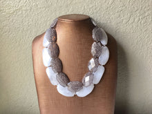 Load image into Gallery viewer, Gray &amp; White Necklace, multi strand jewelry, big beaded chunky statement necklace, gray necklace, bridesmaid necklace, bib necklace, gray