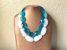 Load image into Gallery viewer, Blue &amp; White Necklace, multi strand jewelry, big beaded chunky statement necklace, teal necklace, bridesmaid necklace, bib necklace, teal