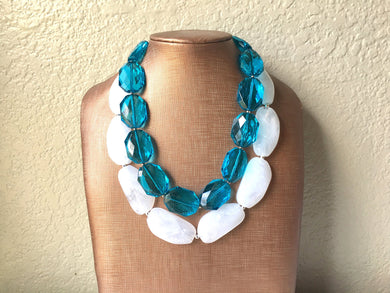 Blue & White Necklace, multi strand jewelry, big beaded chunky statement necklace, teal necklace, bridesmaid necklace, bib necklace, teal