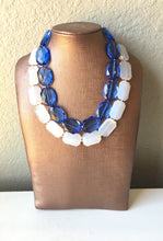 Load image into Gallery viewer, Blue &amp; White Necklace, multi strand jewelry, big beaded chunky statement necklace, blue necklace, bridesmaid necklace, bib necklace, white