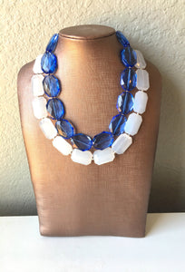 Blue & White Necklace, multi strand jewelry, big beaded chunky statement necklace, blue necklace, bridesmaid necklace, bib necklace, white