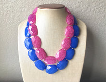 Load image into Gallery viewer, Blue &amp; Pink Necklace, multi strand jewelry, big beaded chunky statement necklace, blue necklace, bridesmaid necklace, bib necklace, pink