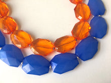 Load image into Gallery viewer, Blue &amp; Orange Necklace, multi strand jewelry, big beaded chunky statement necklace, blue necklace, bridesmaid necklace, bib necklace, orange