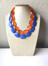 Load image into Gallery viewer, Blue &amp; Orange Necklace, multi strand jewelry, big beaded chunky statement necklace, blue necklace, bridesmaid necklace, bib necklace, orange