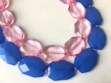 Load image into Gallery viewer, Blue &amp; Pink Necklace, multi strand jewelry, big beaded chunky statement necklace, blue necklace, bridesmaid necklace, bib necklace, pink