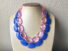 Load image into Gallery viewer, Blue &amp; Pink Necklace, multi strand jewelry, big beaded chunky statement necklace, blue necklace, bridesmaid necklace, bib necklace, pink