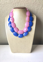 Load image into Gallery viewer, Blue &amp; Pink Necklace, multi strand jewelry, big beaded chunky statement necklace, blue necklace, bridesmaid necklace, gender reveal party