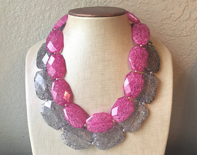 Pink & Gray Necklace, multi strand jewelry, big beaded chunky statement necklace, pink necklace, bridesmaid necklace, gray necklace