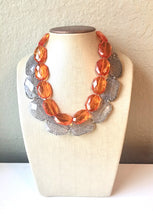 Load image into Gallery viewer, Orange &amp; Gray Necklace, multi strand jewelry, big beaded chunky statement necklace, orange necklace, bridesmaid necklace, gray necklace