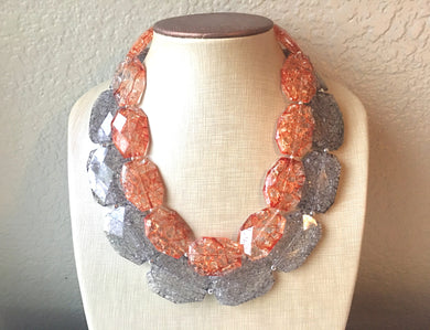 Orange & Gray Necklace, multi strand jewelry, big beaded chunky statement necklace, orange necklace, bridesmaid necklace, gray necklace