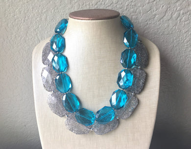 Teal & Gray Necklace, multi strand jewelry, big beaded chunky statement necklace, teal necklace, bridesmaid necklace, gray necklace