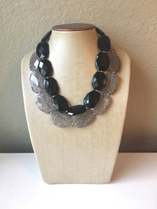 Black & Gray Necklace, multi strand jewelry, big beaded chunky statement necklace, black necklace, bridesmaid necklace, gray necklace