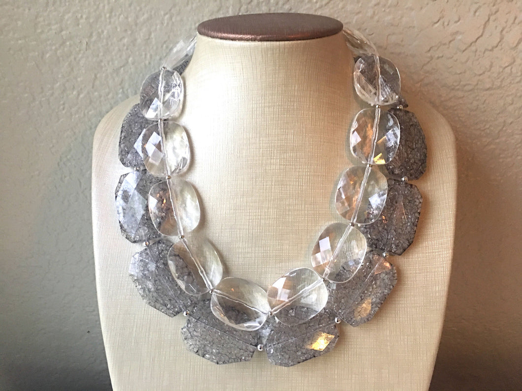 Clear & Gray Necklace, multi strand jewelry, big beaded chunky statement necklace, clear necklace, bridesmaid necklace, gray necklace