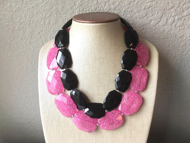 Pink & Black Necklace, multi strand jewelry, big beaded chunky statement necklace, pink necklace, bridesmaid necklace, black necklace