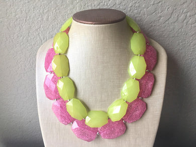 Pink & Lime Green Necklace, multi strand jewelry, big beaded chunky statement necklace, pink necklace, bridesmaid necklace, green necklace