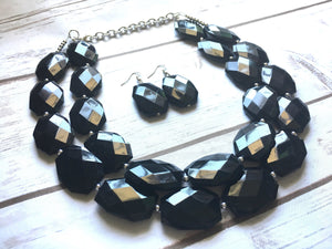 Black Necklace and matching Earring Set, multi strand jewelry, big beaded chunky, statement necklace, black necklace, bridesmaid necklace