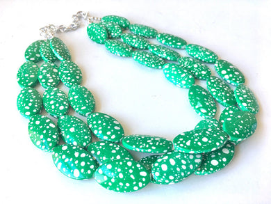 Green Polka Dot Necklace, big beaded chunky statement necklace, green necklace, green and white, green jewelry, Polka Dot Jewelry Dress