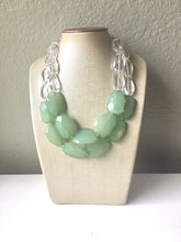 Load image into Gallery viewer, Clear &amp; Mojito Green Statement Necklace, big Beaded Chunky Jewelry, Double Strand wedding everyday dress, green necklace, mint green jewelry