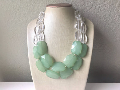 Clear & Mojito Green Statement Necklace, big Beaded Chunky Jewelry, Double Strand wedding everyday dress, green necklace, mint green jewelry
