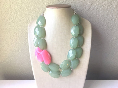 Pink & Green Statement Necklace, Multi-Strand, Double Layer Chunky Jewelry, pink green jewelry, beaded necklace, green necklace, Green pink