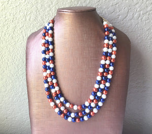 Orange and Blue Pearl three strand Necklace, Gameday virginia detroit chicago denver Football Baseball Florida Illinois pearl Jewelry