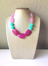 Load image into Gallery viewer, Blush Pink, Magenta &amp; Mint Big Bead Necklace, Double Strand Statement Jewelry, magenta blush mint green Chunky bib, bridesmaid or everyday