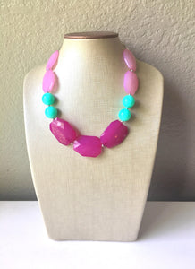 Blush Pink, Magenta & Mint Big Bead Necklace, Double Strand Statement Jewelry, magenta blush mint green Chunky bib, bridesmaid or everyday