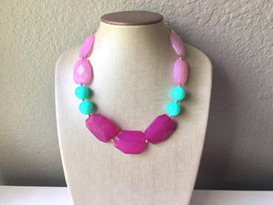 Blush Pink, Magenta & Mint Big Bead Necklace, Double Strand Statement Jewelry, magenta blush mint green Chunky bib, bridesmaid or everyday