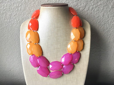 Pink & Orange Ombre Necklace, Double strand bright jewelry, big beaded chunky statement, summer necklace, colorblock necklace, pink orange