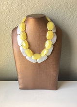 Load image into Gallery viewer, Lemon Yellow &amp; White Necklace, multi strand jewelry, big beaded chunky statement necklace, pink necklace, bridesmaid necklace, bib necklace