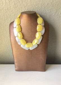 Lemon Yellow & White Necklace, multi strand jewelry, big beaded chunky statement necklace, pink necklace, bridesmaid necklace, bib necklace