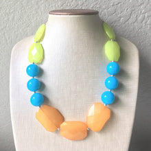 Load image into Gallery viewer, Lime Green, Sea Blue &amp; Clementine Orange Big Bead Necklace, single Strand Statement Jewelry, green blue orange Chunky bib, bridesmaid