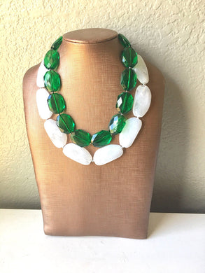 Green & White Necklace, multi strand jewelry, big beaded chunky statement necklace, green necklace, bridesmaid necklace, bib necklace, green