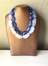 Load image into Gallery viewer, Blue &amp; White Necklace, multi strand jewelry, big beaded chunky statement necklace, blue necklace, bridesmaid necklace, bib necklace, white