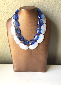 Blue & White Necklace, multi strand jewelry, big beaded chunky statement necklace, blue necklace, bridesmaid necklace, bib necklace, white