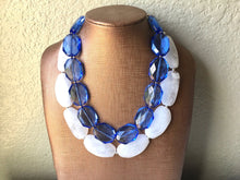 Load image into Gallery viewer, Blue &amp; White Necklace, multi strand jewelry, big beaded chunky statement necklace, blue necklace, bridesmaid necklace, bib necklace, white