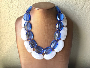 Blue & White Necklace, multi strand jewelry, big beaded chunky statement necklace, blue necklace, bridesmaid necklace, bib necklace, white