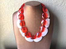 Load image into Gallery viewer, Red &amp; White Necklace, multi strand jewelry, big beaded chunky statement necklace, red necklace, bridesmaid necklace, bib necklace, red