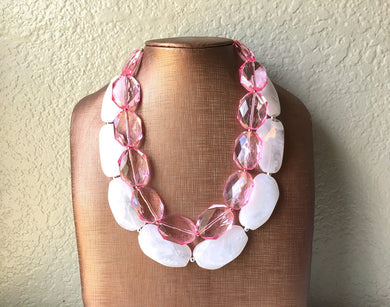 Pink & White Necklace, multi strand jewelry, big beaded chunky statement necklace, pink necklace, bridesmaid necklace, bib necklace, pink