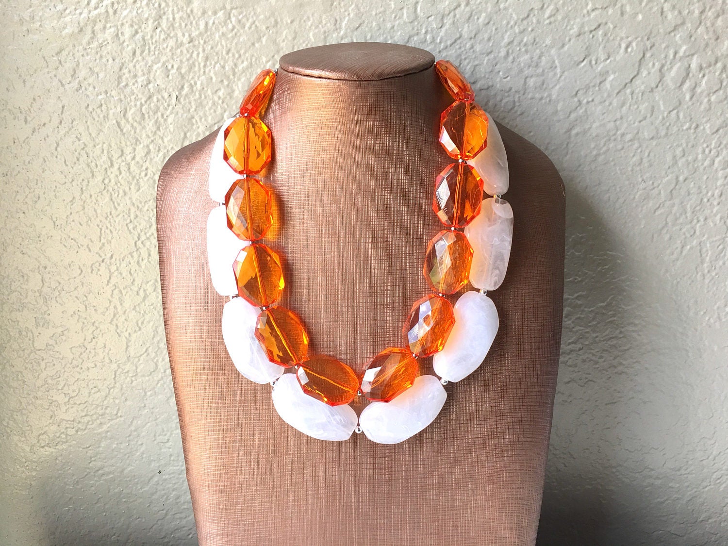 Orange Pearl Statement Necklace, 3 Strand Orange Necklace, Women's shops Orange Summer Jewelry, Beaded Grey and Orange Jewelry, Happy Jewelry