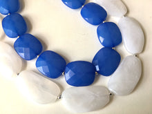 Load image into Gallery viewer, Blue &amp; White Necklace, multi strand jewelry, big beaded chunky statement necklace, blue necklace, bridesmaid necklace, bib necklace, white