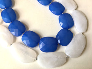 Blue & White Necklace, multi strand jewelry, big beaded chunky statement necklace, blue necklace, bridesmaid necklace, bib necklace, white