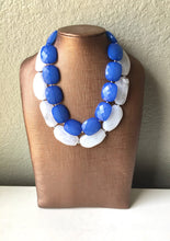 Load image into Gallery viewer, Blue &amp; White Necklace, multi strand jewelry, big beaded chunky statement necklace, blue necklace, bridesmaid necklace, bib necklace, white