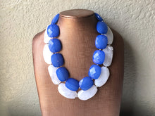 Load image into Gallery viewer, Blue &amp; White Necklace, multi strand jewelry, big beaded chunky statement necklace, blue necklace, bridesmaid necklace, bib necklace, white