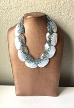 Load image into Gallery viewer, Blue &amp; White Necklace, multi strand jewelry, big beaded chunky statement necklace, blue necklace, bridesmaid necklace, bib necklace, white