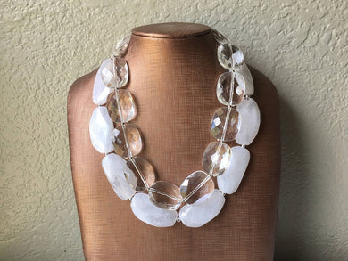 Clear & White Necklace, multi strand jewelry, big beaded chunky statement necklace, clear necklace, bridesmaid necklace, bib necklace