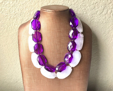 Purple & White Necklace, multi strand jewelry, big beaded chunky statement necklace, purple necklace, bridesmaid necklace, bib necklace