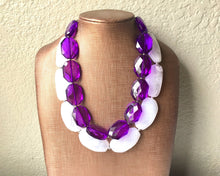 Load image into Gallery viewer, White Purple Necklace, multi strand jewelry, big beaded chunky statement necklace, purple necklace, bridesmaid necklace, bib necklace